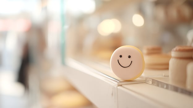 Sweet Smiley Face Cookie in a Bakery Display Case. photo
