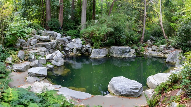 Tranquil Forest Pond with Rocky Waterfall and Lush Greenery. photo