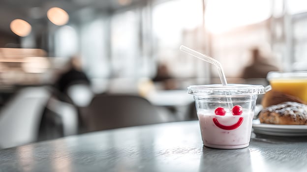 Happy Yogurt Drink with Straw and Croissant in Cafe. photo
