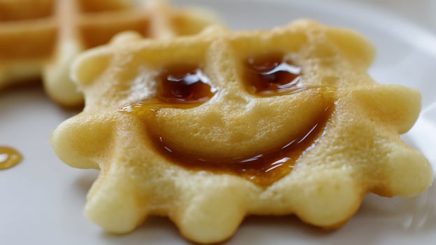Delicious Golden Waffle with Sweet Syrup Close Up. photo