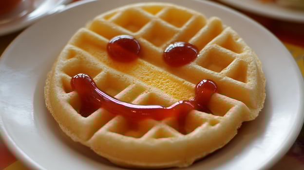 Waffle With A Ketchup Face Made To Look Happy And Fun. photo