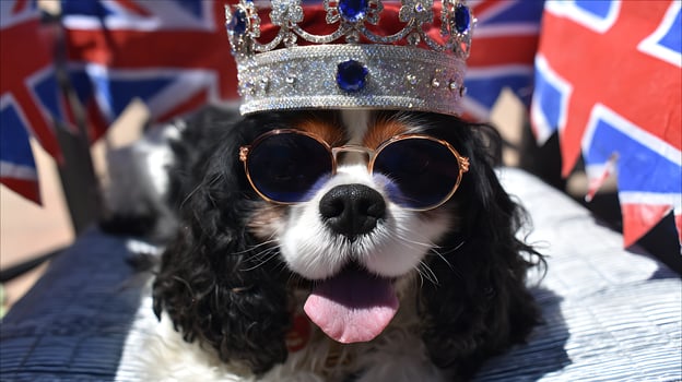 A Regal Pup Rocks Sunglasses and a Crown with Union Jack Flair. photo