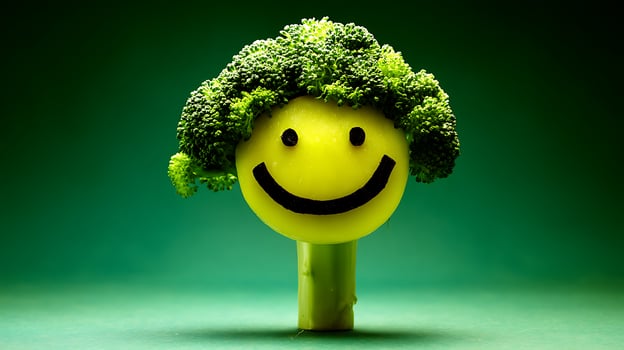 A happy face made from a shiny lemon and broccoli hairstyle. photo