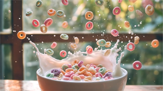 Colorful Cereal Splash in Milk Creating a Fun Breakfast Moment. photo
