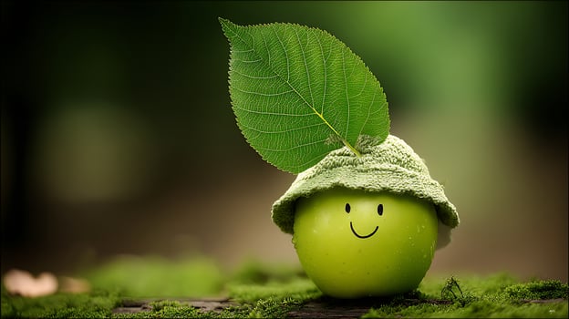 Happy Green Apple Character with Leaf Hat in Mossy Forest. photo