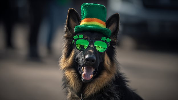 German Shepherd Dog Wearing St Patricks Day Hat and Sunglasses. photo