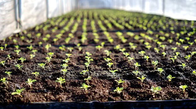 Rows of Young Plants Growing in a Greenhouse. photo