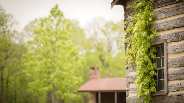 Rustic Log Cabin Window Overgrown with Vibrant Green Ivy in Spring. photo