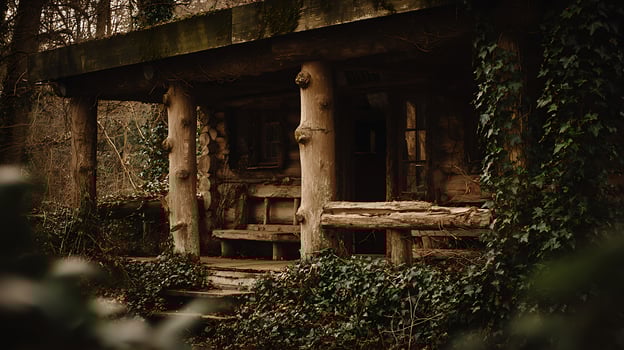 Abandoned Wooden Cabin Overgrown with Ivy in a Dark Forest. photo