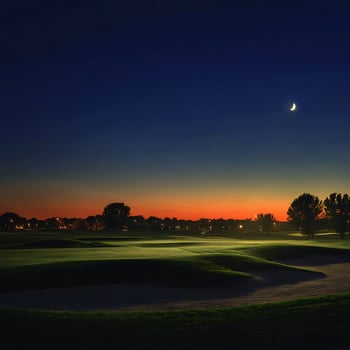 Serene Golf Course Under a Twilight Sky with Crescent Moon. photo