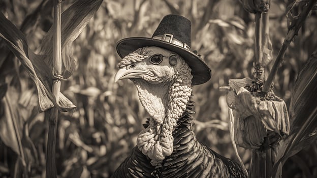 A Dapper Turkey in a Pilgrim Hat Amongst Corn stalks. photo