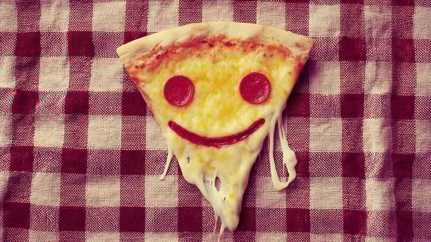 Cheerful Pepperoni Pizza Slice With Melted Cheese Grinning. photo
