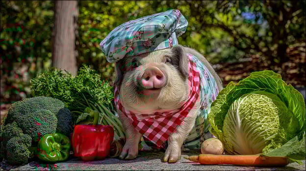 Adorable Pig Chef Surrounded by Fresh Healthy Vegetables for Cooking. photo