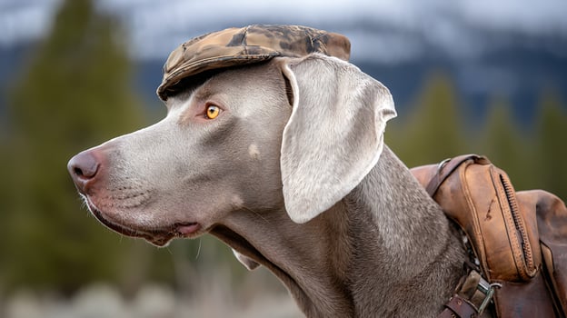 Adventurous Weimaraner Dog With Hunting Hat and Saddle Bag. photo