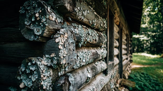 Close Up of Old Log Cabin Wall Covered in Lichen. photo