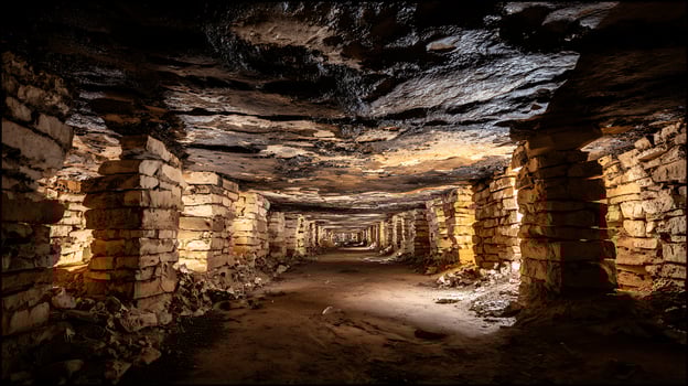 Mysterious Stone Corridor Lit by Warm, Eerie Underground Light. photo