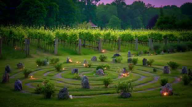 Serene Labyrinth in Vineyard at Twilight with Glowing Lanterns. photo