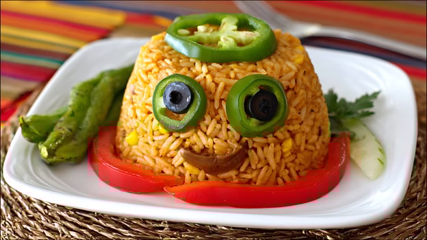 Fun Rice Face with Peppers and Olives on a Festive Plate. photo