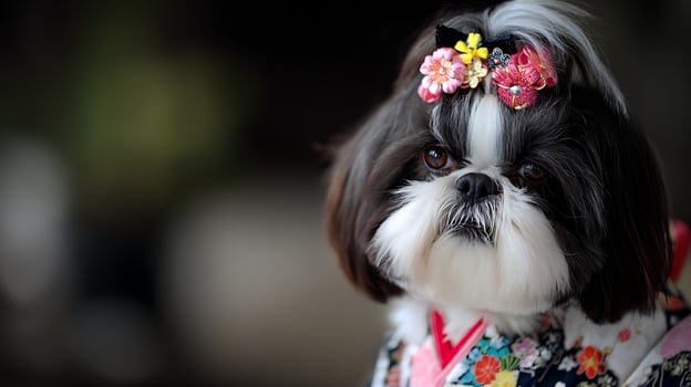 Adorable Shih Tzu dog wears a beautiful floral kimono and decorative hair clip. photo