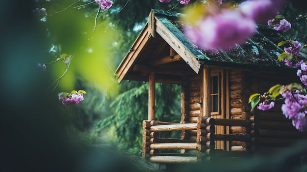 Cozy Log Cabin Nestled Among Blooming Cherry Blossoms in Forest photo
