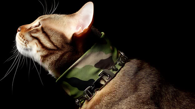 Striking portrait of a stylish cat wearing a cool camouflage collar. photo