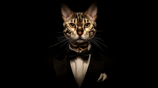 Dapper Bengal Cat in Formal Wear Poses for Camera. photo