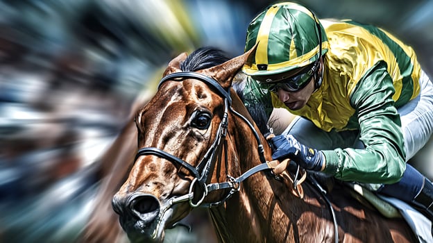 Intense Horse Race Action Jockey and Horse in Full Gallop. photo