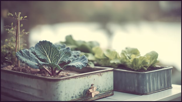 Vintage Planters Holding Fresh Green Vegetable Seedlings Outdoors. photo
