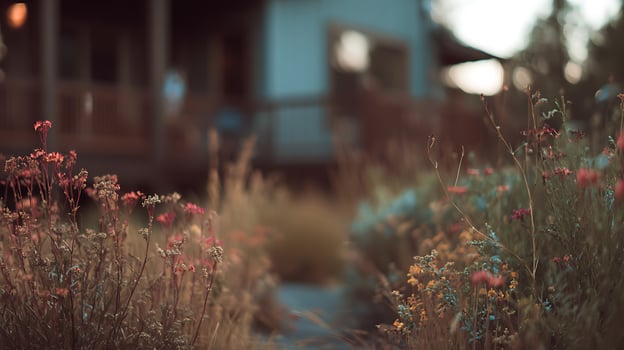 Delicate Wildflowers Bloom Beside a Serene Pathway in Soft Sunlight. photo