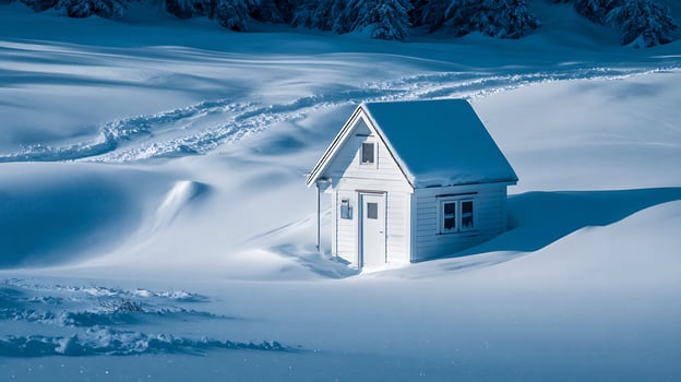 A lone white cabin nestled in a vast, snow covered landscape. photo