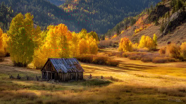 Rustic barn nestled in a golden valley during autumn foliage. photo