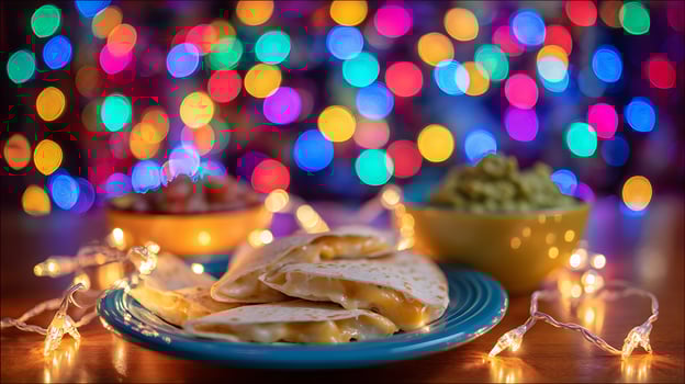 Delicious Quesadillas with Guacamole and Festive Bokeh Lights. photo
