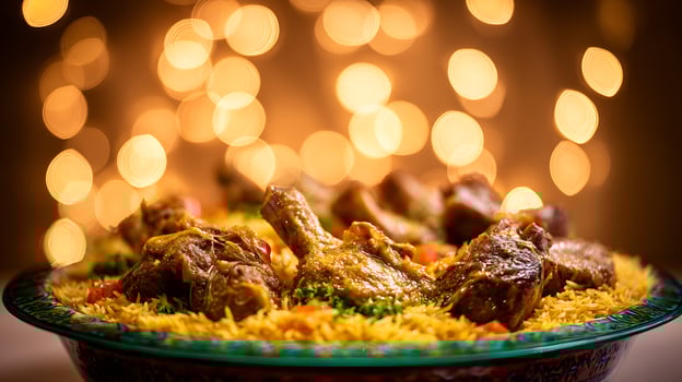 Delicious slow cooked lamb served with aromatic rice and warm background lights. photo