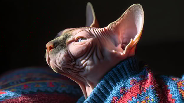 A Majestic Sphynx Cat in a Cozy Sweater Gazes into the Distance. photo
