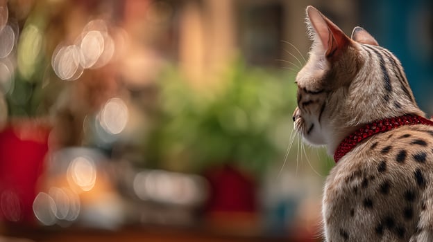Regal Serval Cat Adorned with a Sparkling Red Collar, Blurry Background. photo
