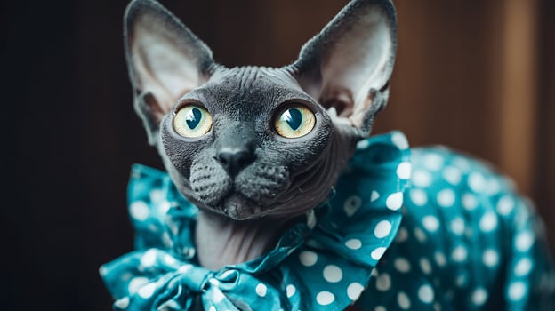Adorable Sphinx Cat Wearing a Cute Polka Dot Outfit. photo