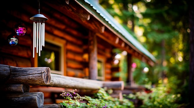 Cozy Log Cabin Porch with Wind Chimes and Flowers. photo