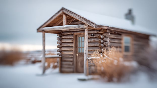 Old Wooden Cabin in Snowy Winter Landscape. photo