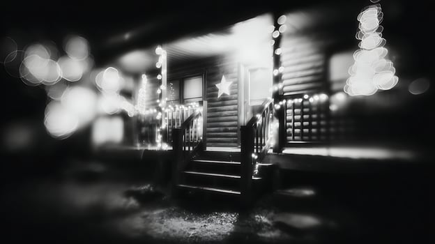 Cozy Cabin Entrance Decorated with Twinkling Christmas Lights at Night. photo