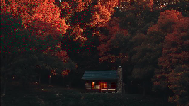 Cozy Log Cabin Glows Warmly Amidst Autumnal Forest Hues. photo