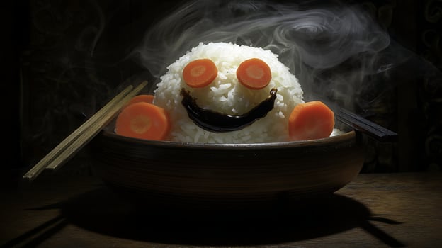 Steaming Bowl of Rice Smiles Brightly with Carrot Features and Chopsticks. photo