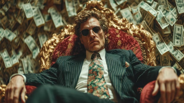 A man in a suit and sunglasses sitting on a chair surrounded by money photo