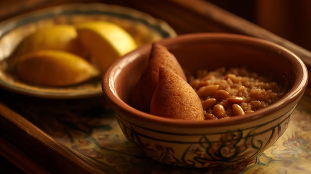 Delicious Kibbeh and Beans Served in a Rustic Bowl with Lemon. photo