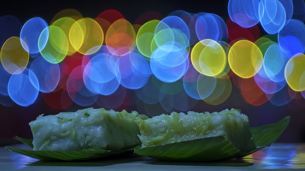Colorful Bokeh Lights Shine on Refreshing Green Dessert Presented on Banana Leaf. photo
