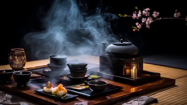 Peaceful Japanese Tea Ceremony with Steam and Cherry Blossoms. photo