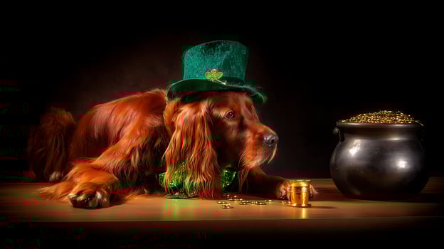 Adorable Irish Setter Dog with St. Patrick's Day Treasures. photo
