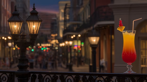 Evening Refreshment on a City Street with Classic Lampposts. photo