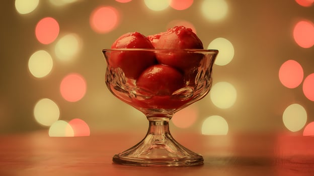 Delicious red dessert in a crystal bowl with soft glowing background. photo