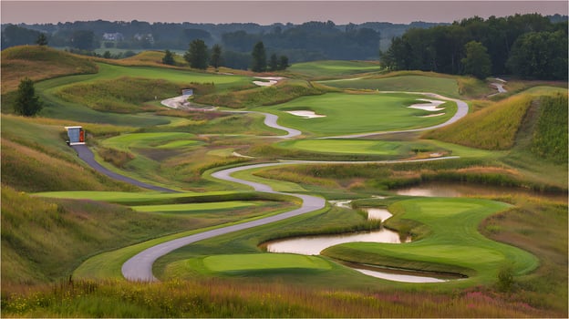 Scenic Golf Course With Winding Paths And Water Features At Dawn. photo