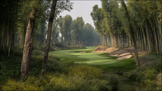 Serene golf course fairways winding through a lush bamboo forest. photo